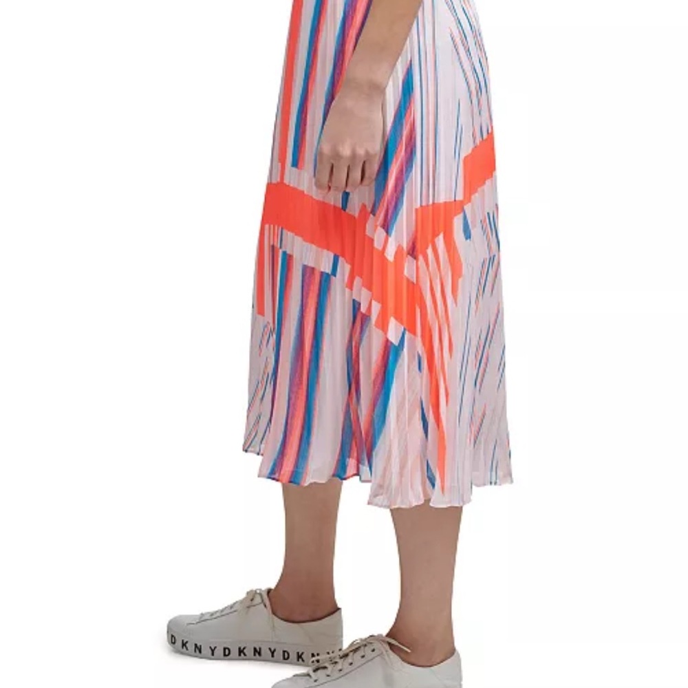 DKNY Multicolor Striped A-Line Pleated Skirt with Black Waistband - Picture 4 of 5